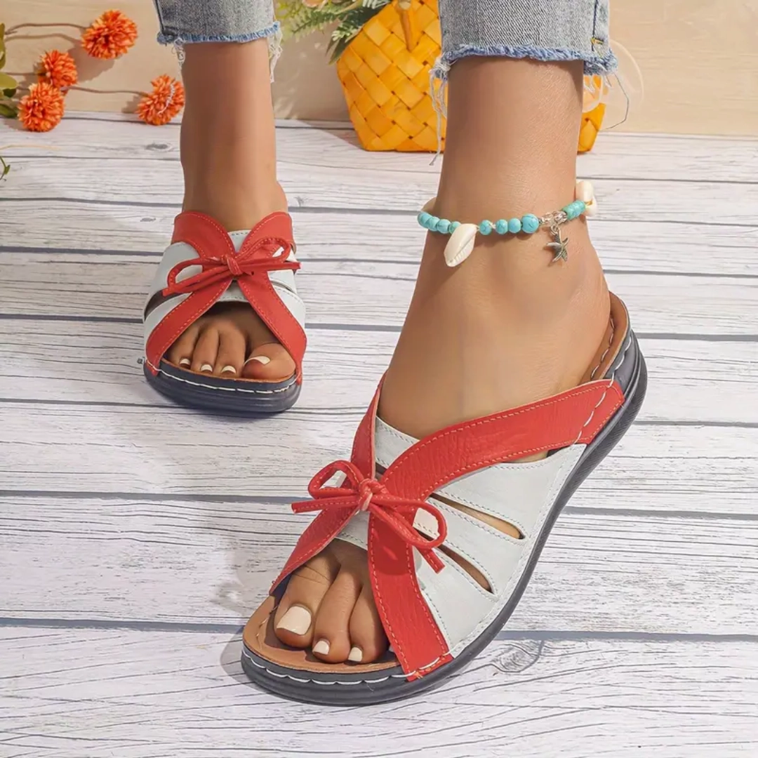 Uniqcomfy Colorful Bowknot Arch Support Open Toe Sandals Flat Leather Sandals