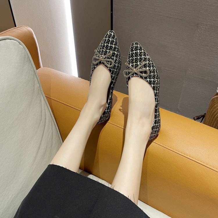 Point Toe Flat Shoes Fashion Plaid Flat Low Heel Pointed Shallow Mouth English Single Shoes Women | Brodtica.com