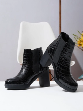 Women's Black Croco Texture Lether Mid - Ankle High Heeled Boots Alligator Boots