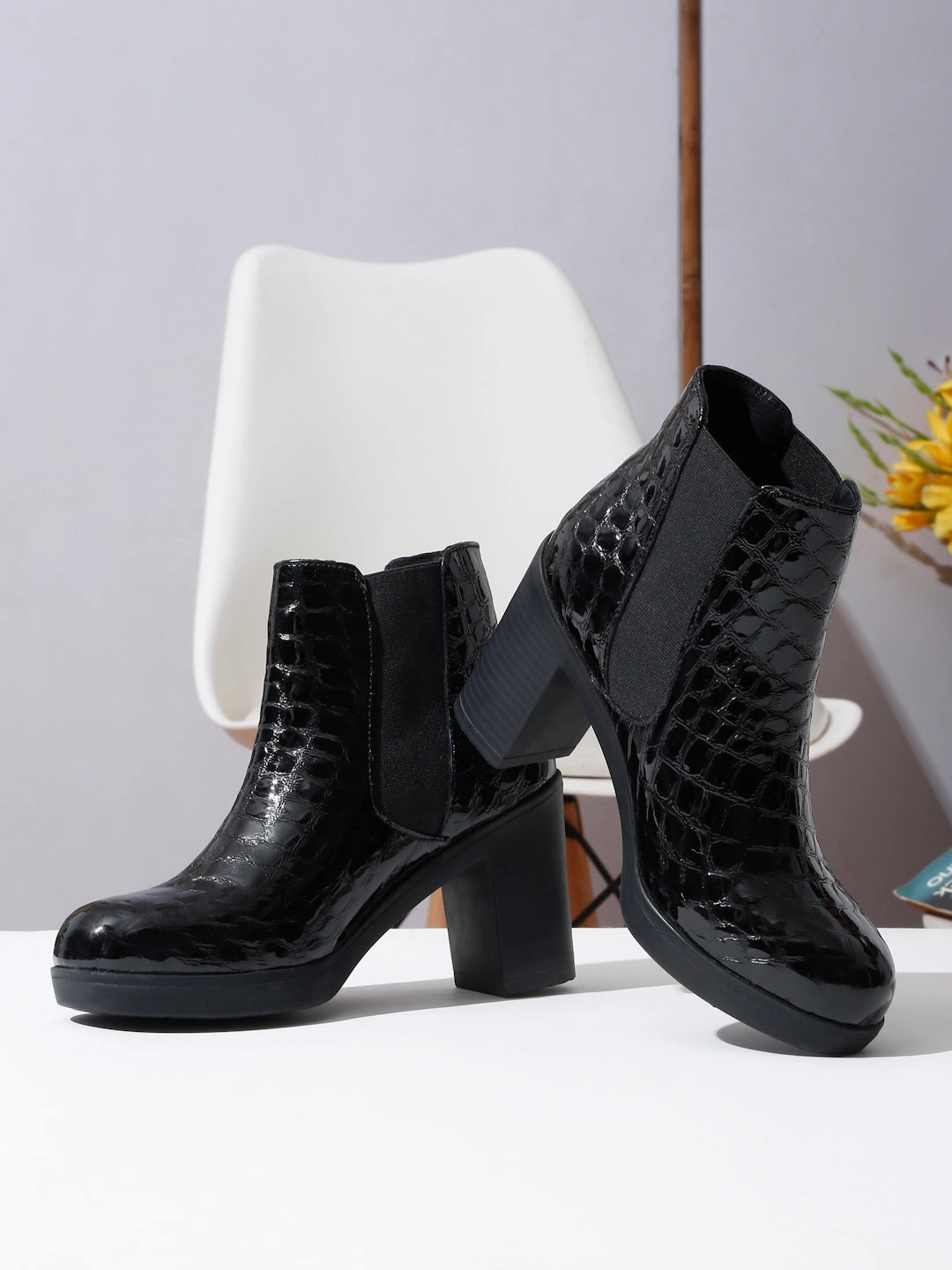 Hunting Rubber Boots Women's Black Croco Texture Lether Mid - Ankle High Heeled Boots
