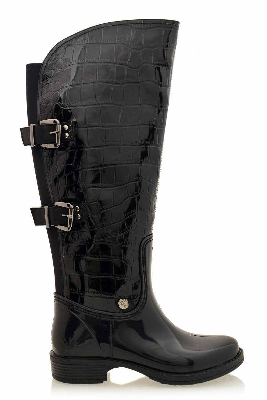 AIDA Black Croc Patent Knee-High Boots Winter Wedding Shoes Flats