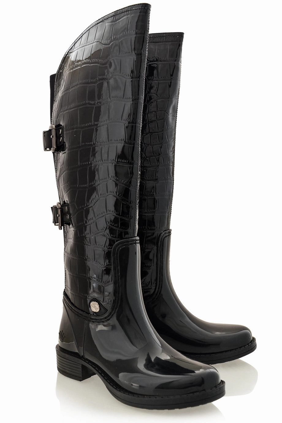 Running Shoes For Flat And Wide Feet AIDA Black Croc Patent Knee-High Boots