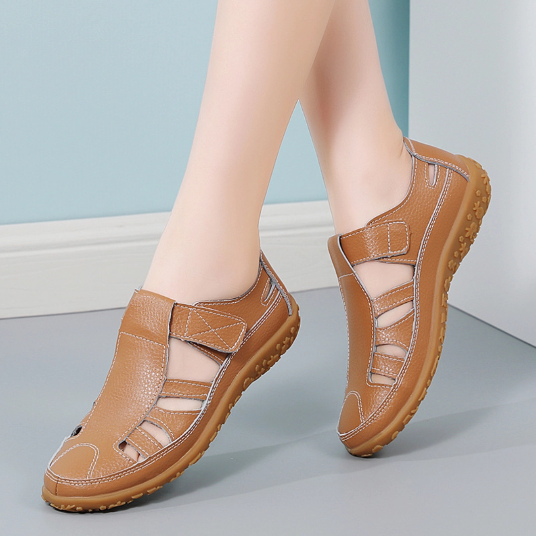 Airfleek Wide Toe Box and Wide Size Leather Shoes Pearl Heel Sandals