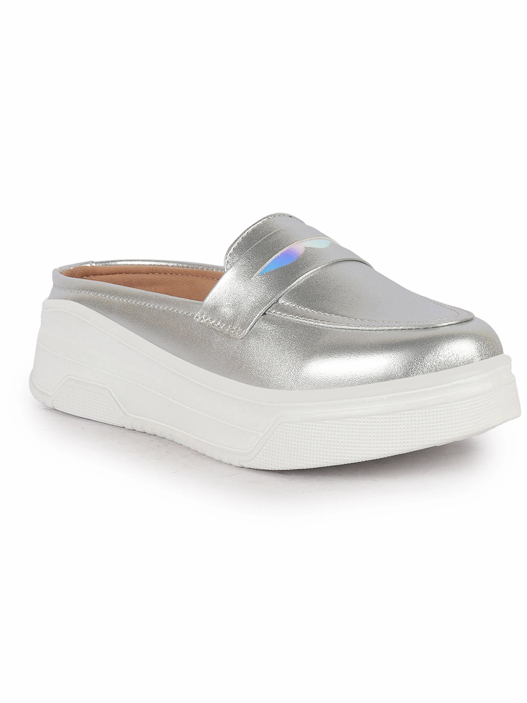 Women Silver Classic Comfort Height Enhancer Shiny Glitter Back Open Slip On Mule Shoes|Casual Slip On Walking Shoe Casual Shoes Australia