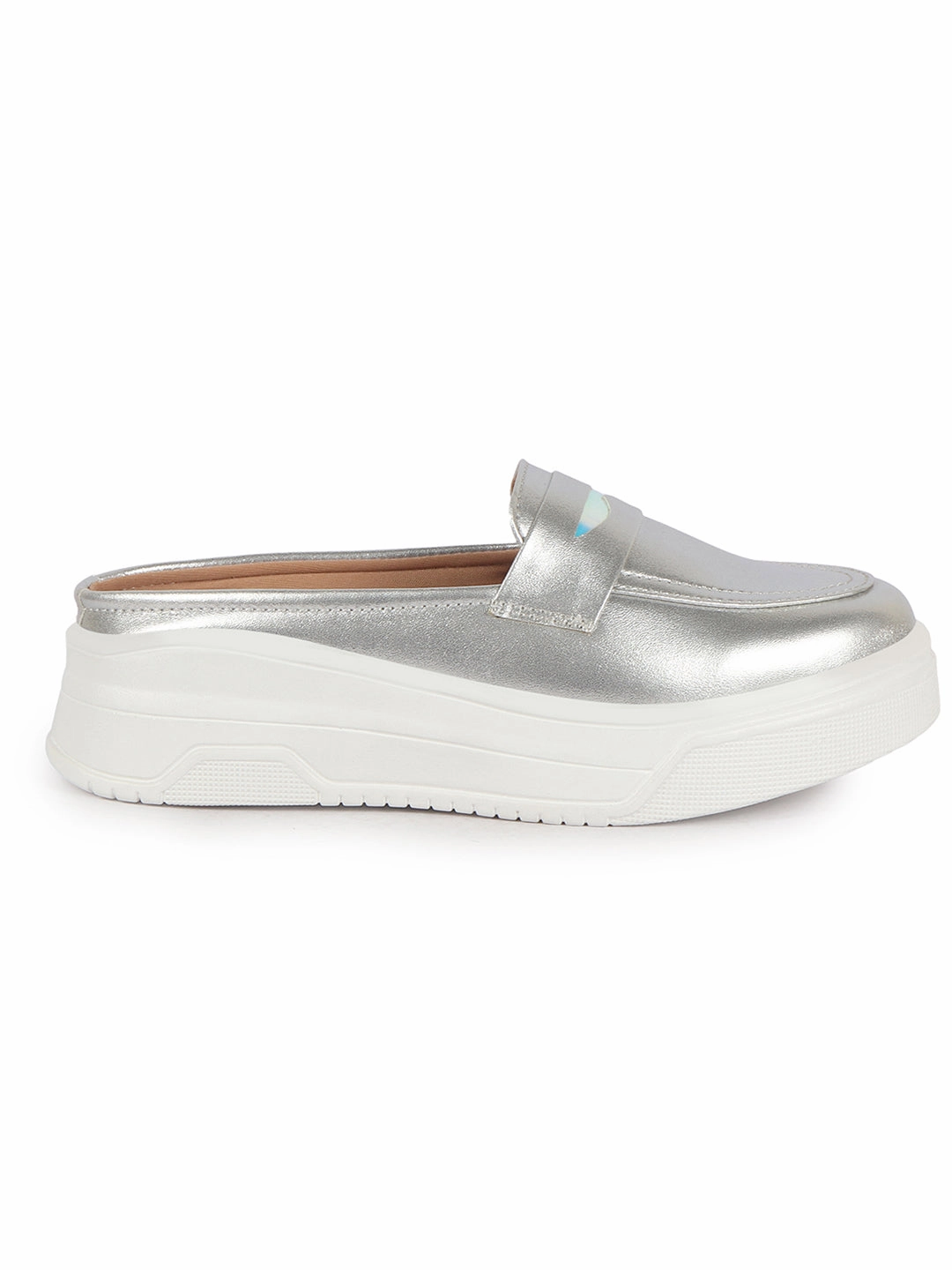 8053 Arc Crazy Horse Leather Platform Casual Shoes Size Women Silver Classic Comfort Height Enhancer Shiny Glitter Back Open Slip On Mule Shoes|Casual Slip On Walking Shoe