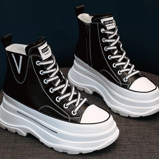 Lacing Up Sneakers Amozae  7Cm Platform Wedge Sneakers Chunky Shoes Genuine Leather High Top Shoes Sneakers Women Ankle Boots Spring Autumn Booties