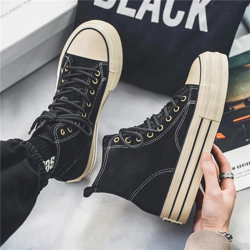 Flat Trigger Shoe Amozae-Hot sale Brown Men's Canvas Shoes Fashion Espadrilles Man High top Sneakers Platform Vulcanized Shoes Men Unisex Board Shoes