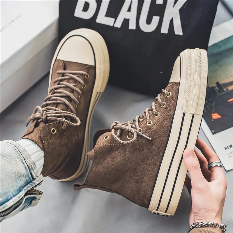 Amozae-Hot sale Brown Men's Canvas Shoes Fashion Espadrilles Man High top Sneakers Platform Vulcanized Shoes Men Unisex Board Shoes Stiletto Flat Shoes