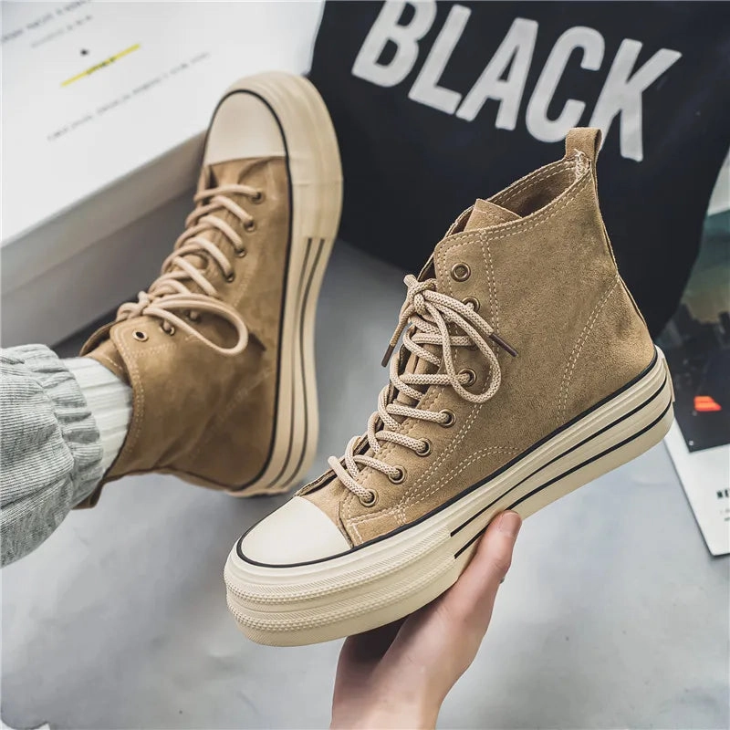 Amozae-Hot sale Brown Men's Canvas Shoes Fashion Espadrilles Man High top Sneakers Platform Vulcanized Shoes Men Unisex Board Shoes Best Walking Shoes For Flat Feet And Bunions