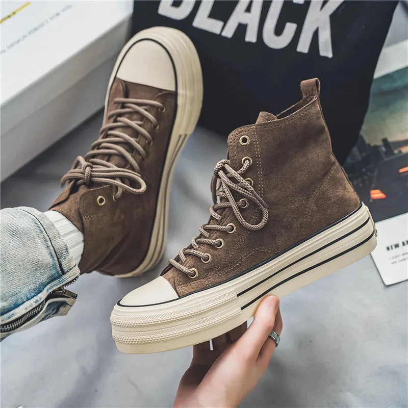 Deadlift Flat Shoes Amozae-Hot sale Brown Men's Canvas Shoes Fashion Espadrilles Man High top Sneakers Platform Vulcanized Shoes Men Unisex Board Shoes