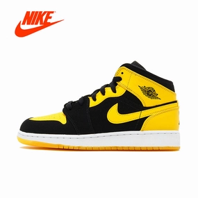 Original New Arrival Authentic Nike Air Jordan 1 Mid AJ1 Black Yellow Joe Men's Different Asics Shoes