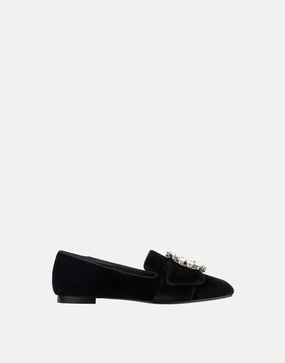 Wide Fit Flat Mary Jane Shoes Bejeweled Buckle Velvet Loafers