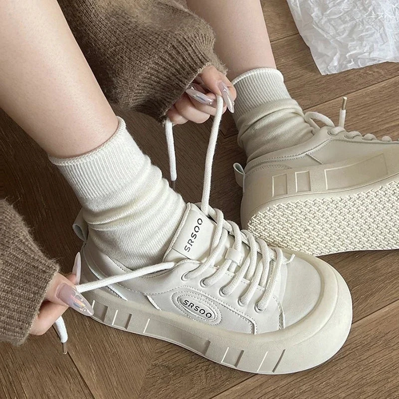 Simple Green Casual Shoe binfenxie  -  Versatile Thick Bottom Casual Sneakers New Women Advanced Little White Shoes Solid Color Lace-up Sports Board Shoes Women