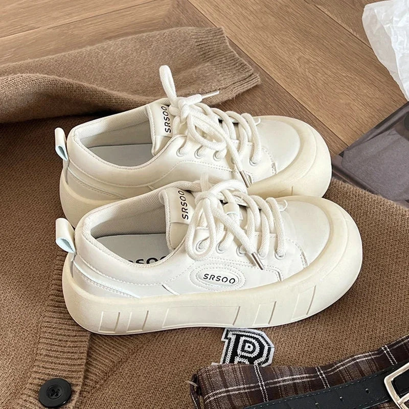 binfenxie  -  Versatile Thick Bottom Casual Sneakers New Women Advanced Little White Shoes Solid Color Lace-up Sports Board Shoes Women Casual Semi Formal Shoes