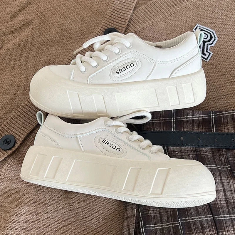 binfenxie  -  Versatile Thick Bottom Casual Sneakers New Women Advanced Little White Shoes Solid Color Lace-up Sports Board Shoes Women Dxl Casual Shoes
