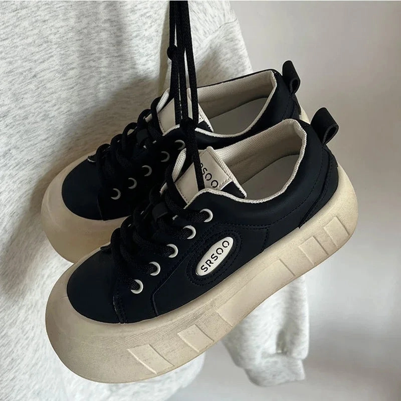 binfenxie  -  Versatile Thick Bottom Casual Sneakers New Women Advanced Little White Shoes Solid Color Lace-up Sports Board Shoes Women Best Casual Shoes Under 1000