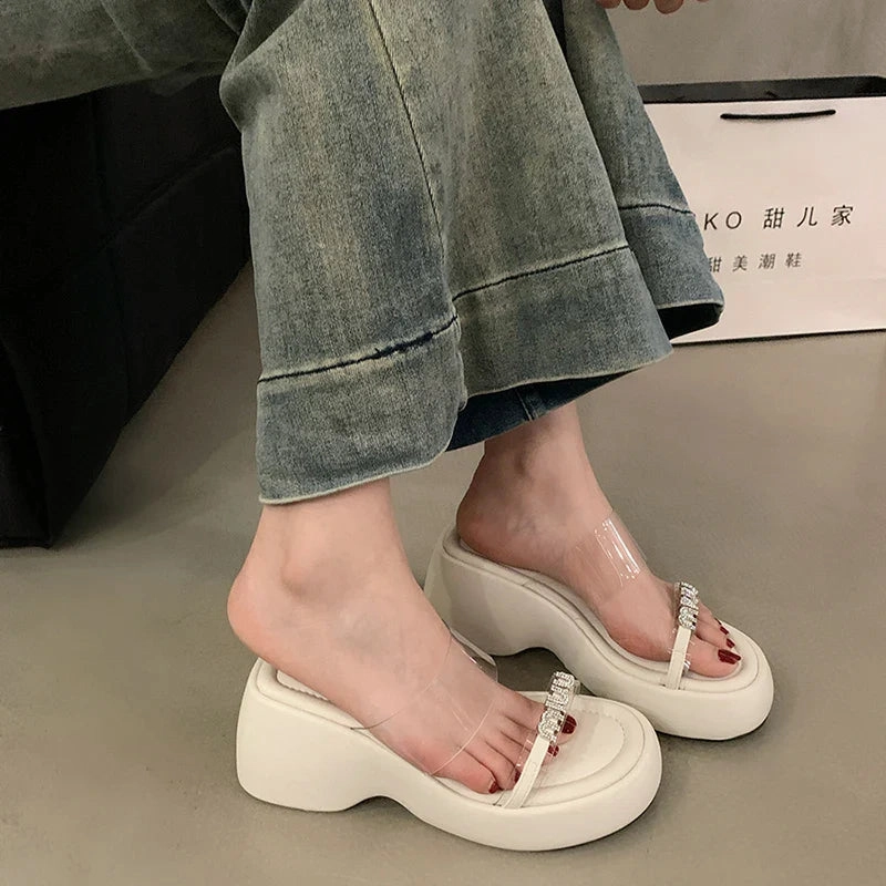 binfenxie Designer Summers Chunky Women Slippers Fashion Elegant Rhinestone Platform Thick Heel Slides Ladies Outdoor Beach Sandal Deerfoam Slippers