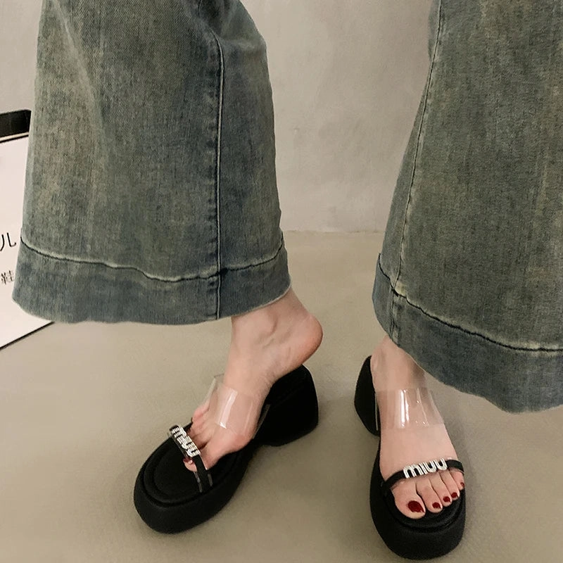 Dog Face Slippers binfenxie Designer Summers Chunky Women Slippers Fashion Elegant Rhinestone Platform Thick Heel Slides Ladies Outdoor Beach Sandal