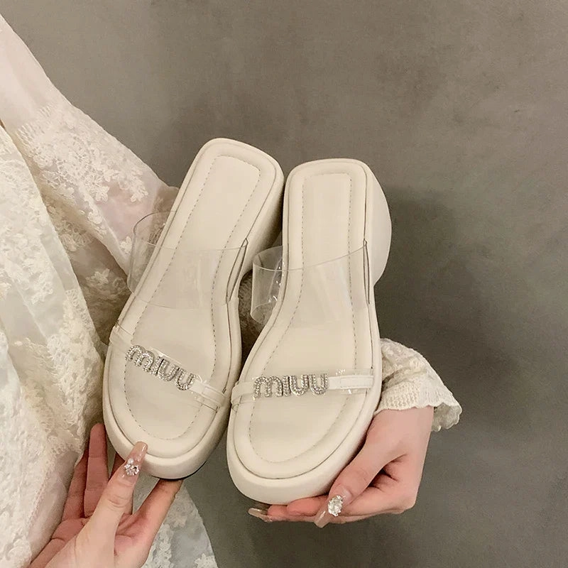 binfenxie Designer Summers Chunky Women Slippers Fashion Elegant Rhinestone Platform Thick Heel Slides Ladies Outdoor Beach Sandal Slippers For Microwave