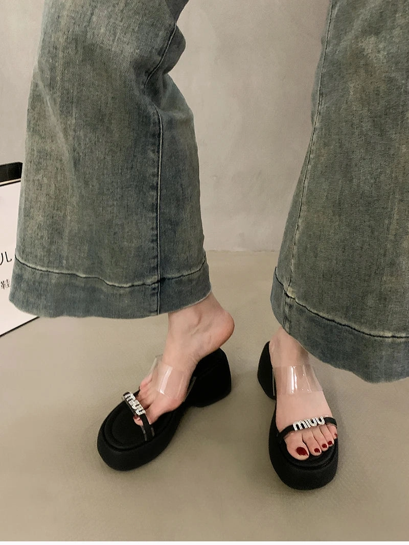 Trout Slippers binfenxie Designer Summers Chunky Women Slippers Fashion Elegant Rhinestone Platform Thick Heel Slides Ladies Outdoor Beach Sandal