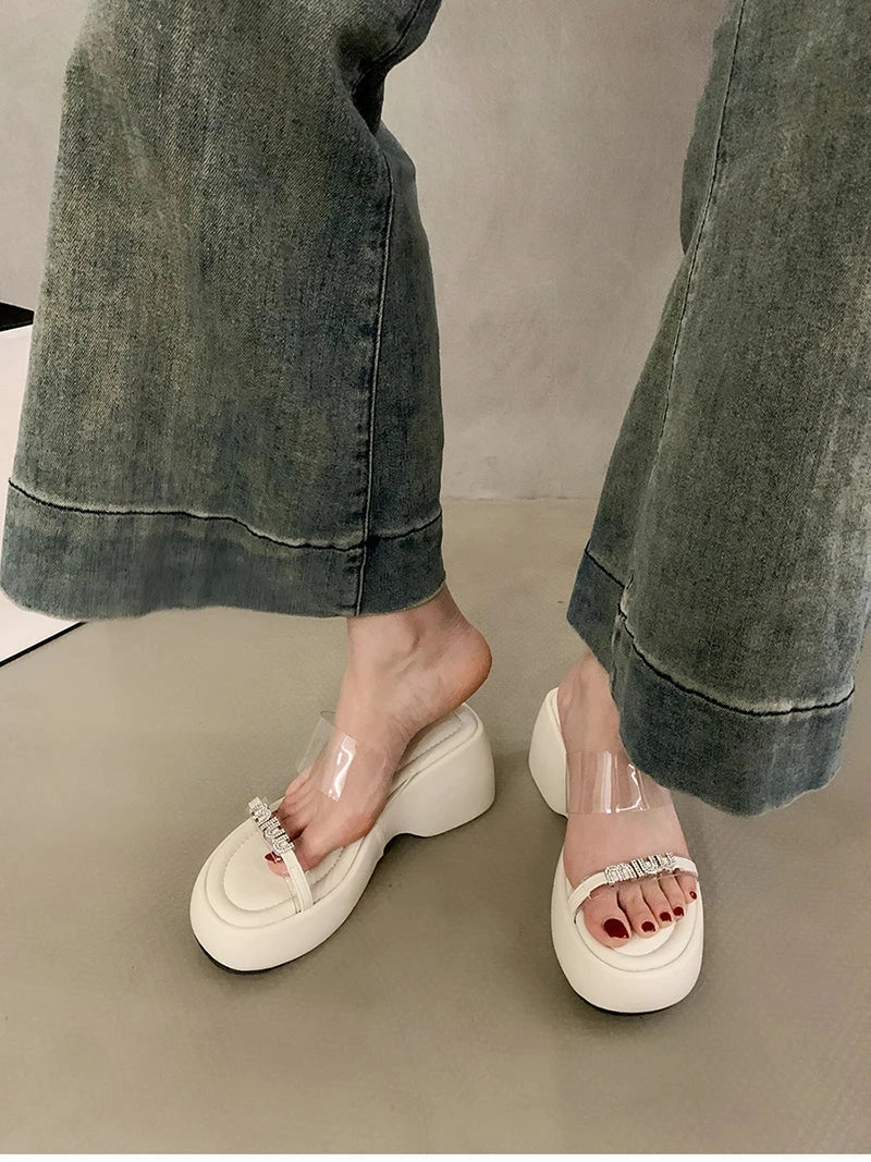 binfenxie Designer Summers Chunky Women Slippers Fashion Elegant Rhinestone Platform Thick Heel Slides Ladies Outdoor Beach Sandal Dusting Slippers