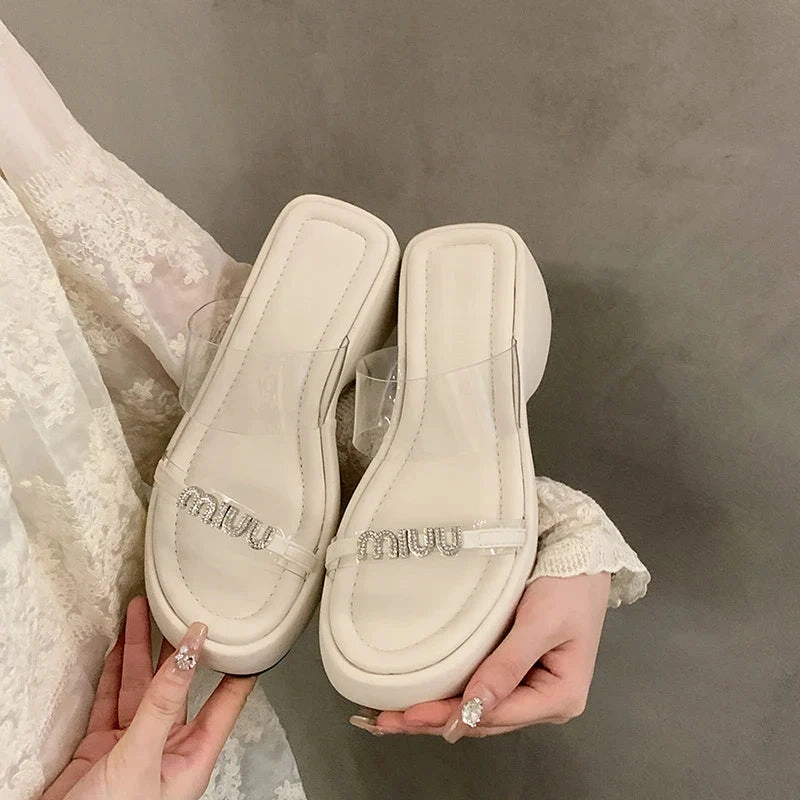 Yellow Slippers binfenxie Designer Summers Chunky Women Slippers Fashion Elegant Rhinestone Platform Thick Heel Slides Ladies Outdoor Beach Sandal