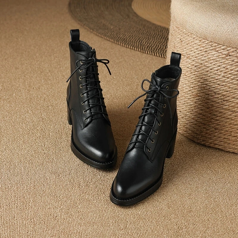 binfenxie NEW Autumn Women Boots Genuine Leather Shoes for Women Pointed Toe Chunky Heel Shoes Lace-up Ankle Boots Zipper Modern Boots Chelsey Boots