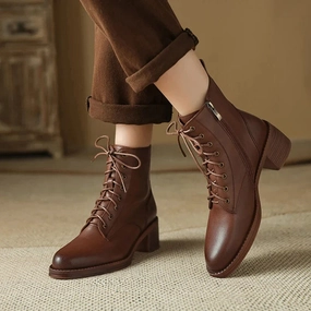 binfenxie NEW Autumn Women Boots Genuine Leather Shoes for Women Pointed Toe Chunky Heel Shoes Lace-up Ankle Boots Zipper Modern Boots Brown Motorcycle Boots