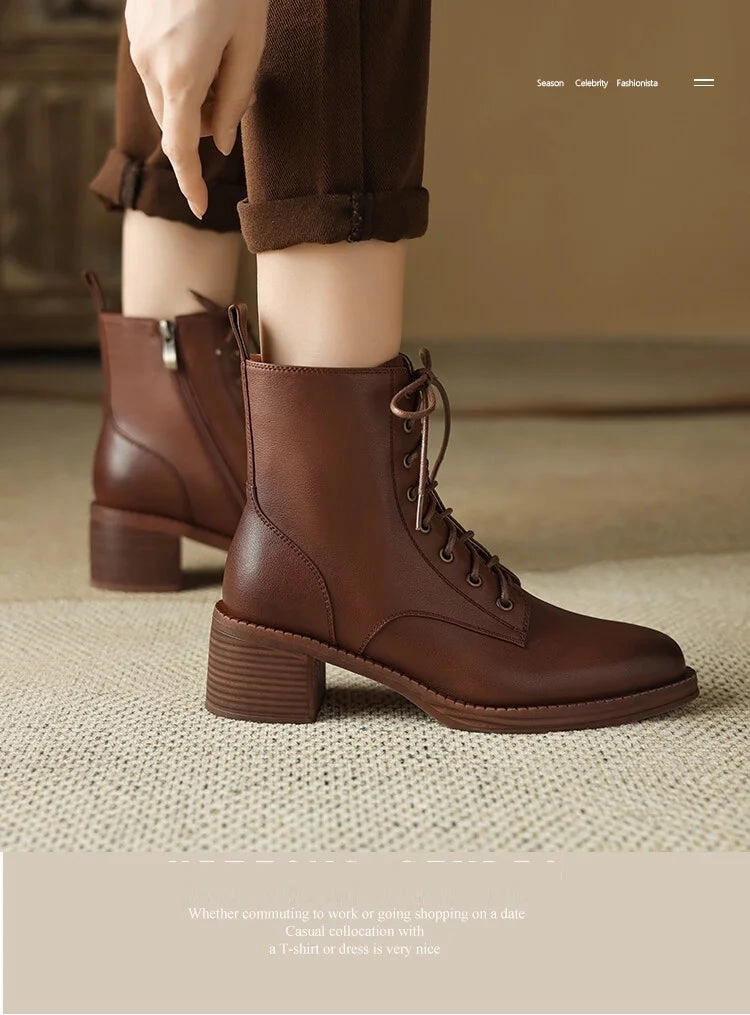 binfenxie NEW Autumn Women Boots Genuine Leather Shoes for Women Pointed Toe Chunky Heel Shoes Lace-up Ankle Boots Zipper Modern Boots Utility Work
