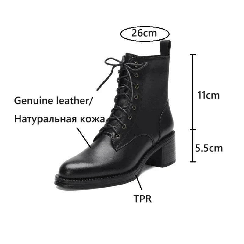 binfenxie NEW Autumn Women Boots Genuine Leather Shoes for Women Pointed Toe Chunky Heel Shoes Lace-up Ankle Boots Zipper Modern Boots Blanket Boots