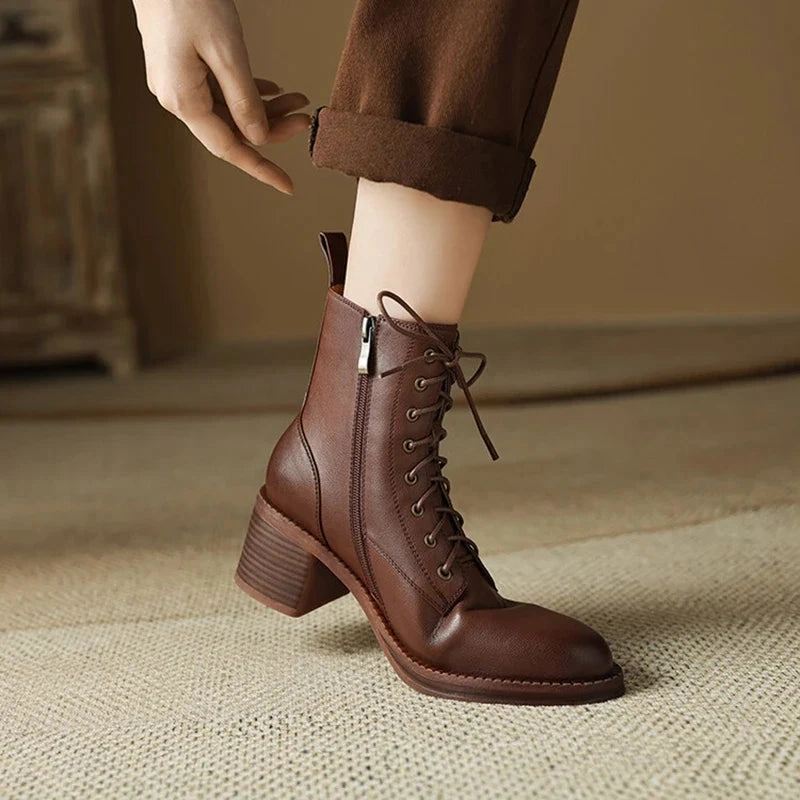 binfenxie NEW Autumn Women Boots Genuine Leather Shoes for Women Pointed Toe Chunky Heel Shoes Lace-up Ankle Boots Zipper Modern Boots Ugg Knee High Boots