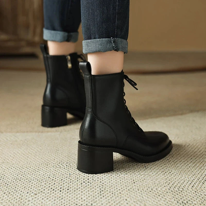 Boots Style Western binfenxie NEW Autumn Women Boots Genuine Leather Shoes for Women Pointed Toe Chunky Heel Shoes Lace-up Ankle Boots Zipper Modern Boots