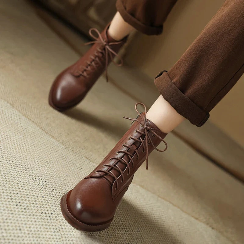 Boots Like Doc Martens binfenxie NEW Autumn Women Boots Genuine Leather Shoes for Women Pointed Toe Chunky Heel Shoes Lace-up Ankle Boots Zipper Modern Boots