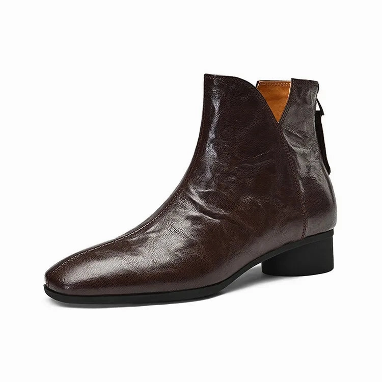 binfenxie NEW Autumn Women Boots Gnueine Leather Shoes for Women Square Toe Chunky Heel Shoes Black Zip Ankle Boots Handmade Western Boots Style Boots