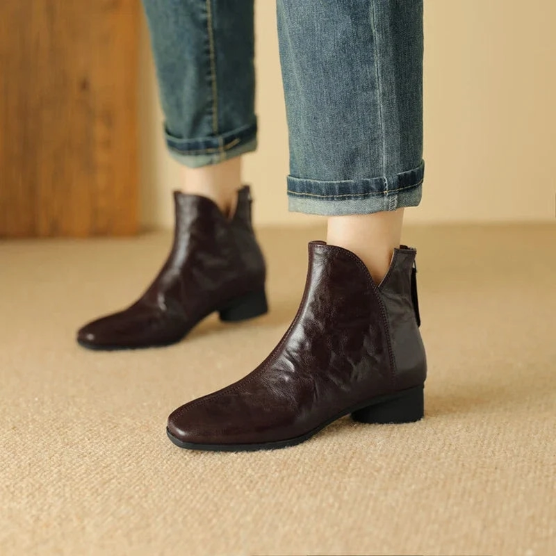 binfenxie NEW Autumn Women Boots Gnueine Leather Shoes for Women Square Toe Chunky Heel Shoes Black Zip Ankle Boots Handmade Western Boots Jim Green Boots