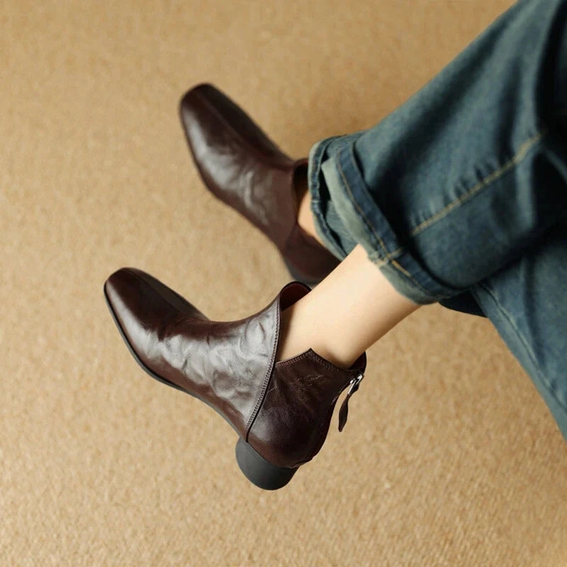 King Toe Boots binfenxie NEW Autumn Women Boots Gnueine Leather Shoes for Women Square Toe Chunky Heel Shoes Black Zip Ankle Boots Handmade Western Boots