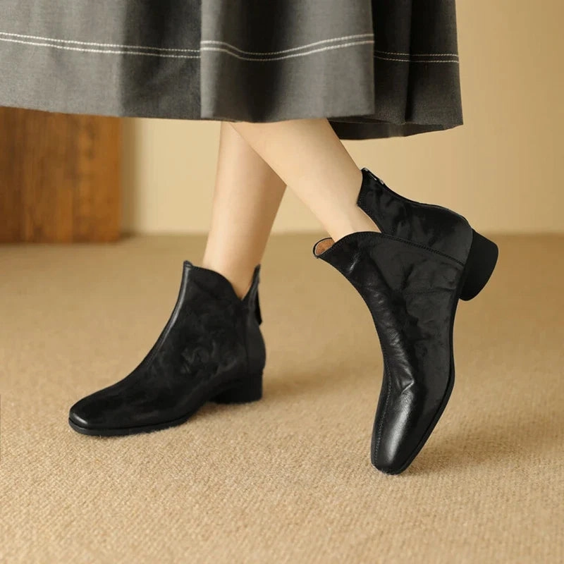 binfenxie NEW Autumn Women Boots Gnueine Leather Shoes for Women Square Toe Chunky Heel Shoes Black Zip Ankle Boots Handmade Western Boots Vintage Harley Boots