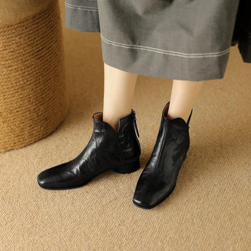 binfenxie NEW Autumn Women Boots Gnueine Leather Shoes for Women Square Toe Chunky Heel Shoes Black Zip Ankle Boots Handmade Western Boots Johnston And Murphy Dress Boots