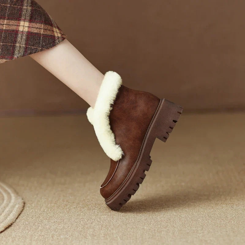 binfenxie NEW Winter Shoes Women Split Leather Ankle Boots Women Round Toe Chunky Heel Women Shoes Platform Modern Boots Warm Wool Boots Hunter Boots For Snow