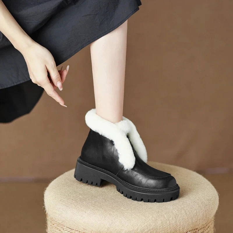 Fisher Boots binfenxie NEW Winter Shoes Women Split Leather Ankle Boots Women Round Toe Chunky Heel Women Shoes Platform Modern Boots Warm Wool Boots