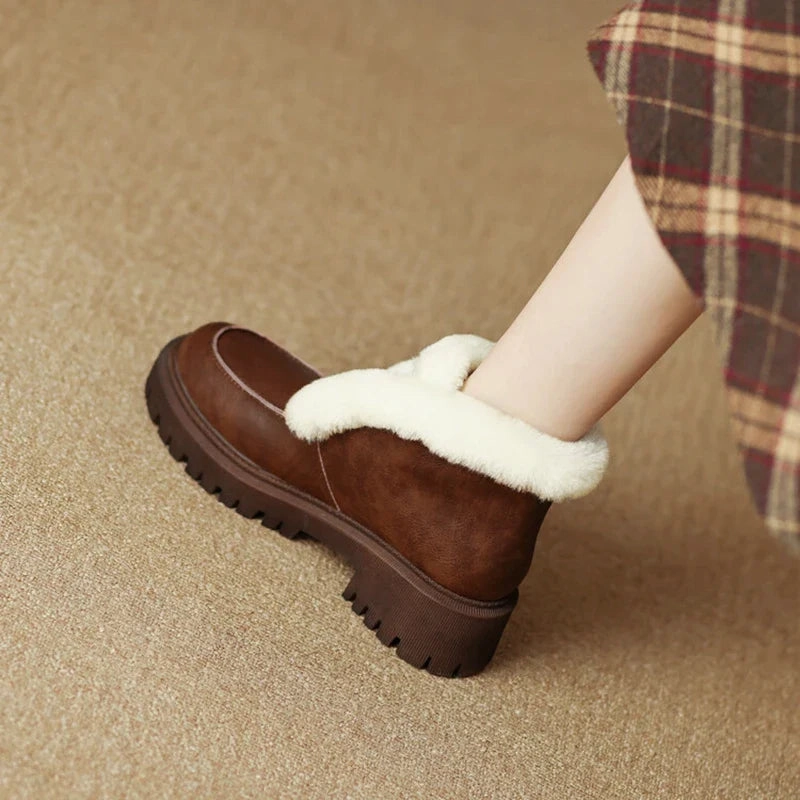 binfenxie NEW Winter Shoes Women Split Leather Ankle Boots Women Round Toe Chunky Heel Women Shoes Platform Modern Boots Warm Wool Boots Boots Boot