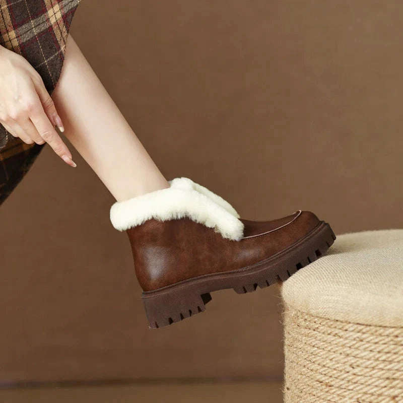 binfenxie NEW Winter Shoes Women Split Leather Ankle Boots Women Round Toe Chunky Heel Women Shoes Platform Modern Boots Warm Wool Boots Tall Snow Boots