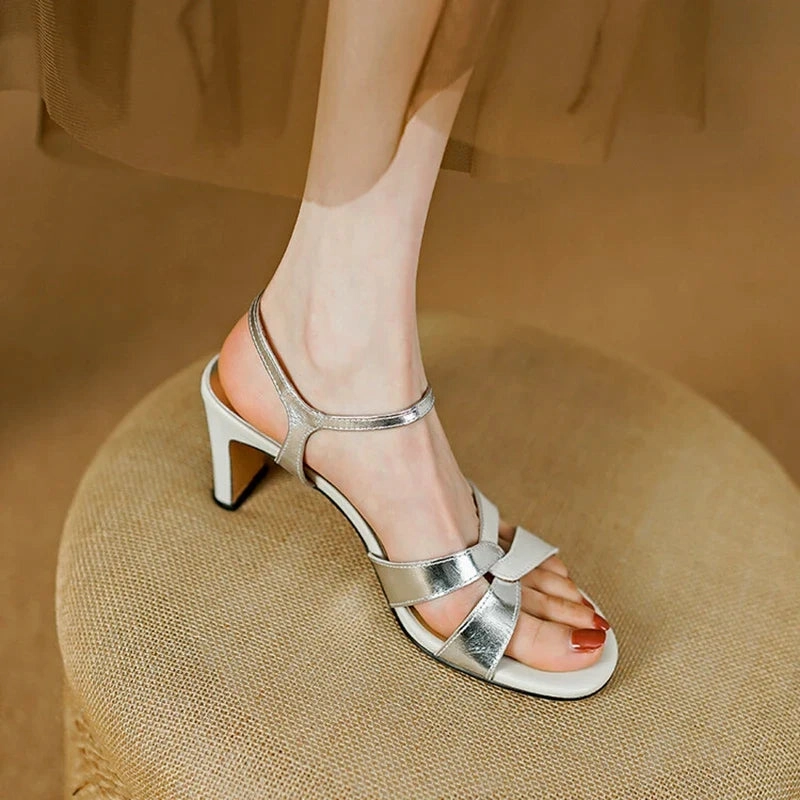 binfenxie Summer Women Sandals Round Toe High Heel Sandals Genuine Leather Shoes for Women Mixed Colors Shoes Elegant Sandals Royal Plantation Resort