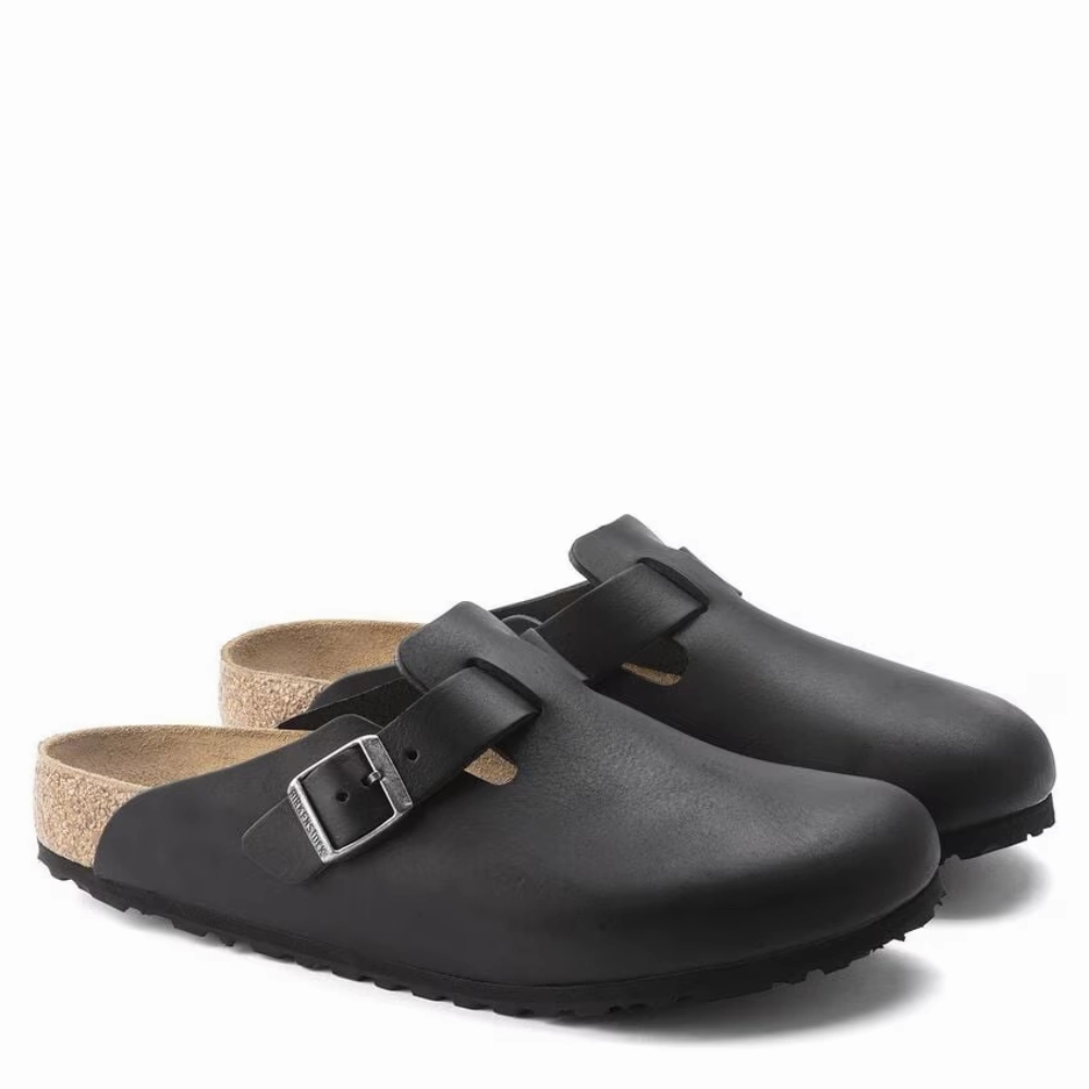 Foamies Go Walk Clogs Birkenstock Men's Boston Grip Leather in Vintage Wood Black