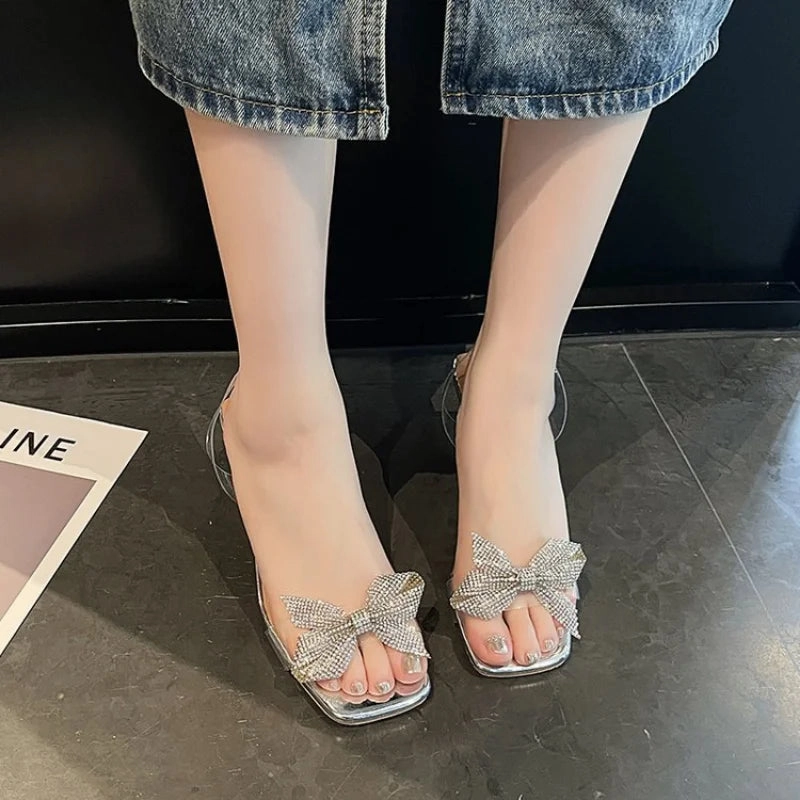 2023 Summer New Transparent PVC Fashion High with Sandals Fine with Bow Outside Wear Slippers Square Head Women Shoes Sandals In Style