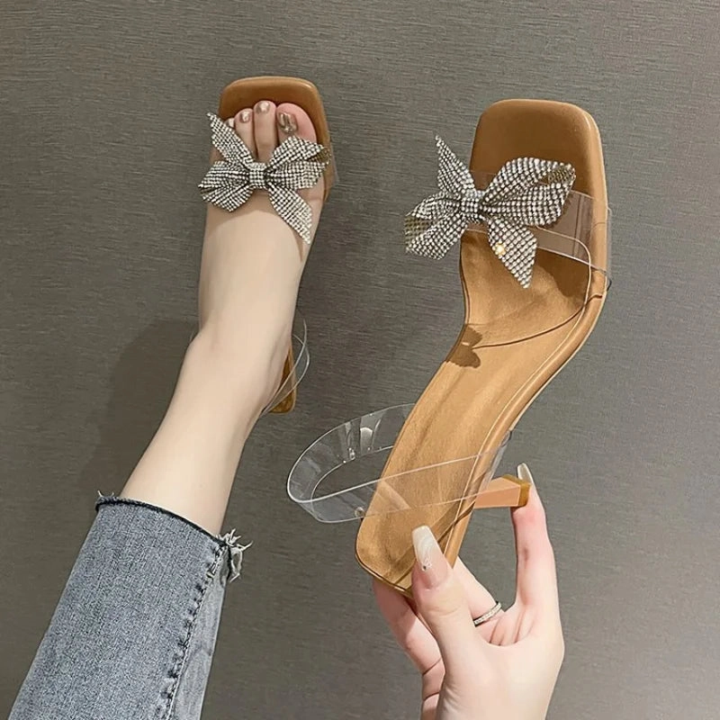 2023 Summer New Transparent PVC Fashion High with Sandals Fine with Bow Outside Wear Slippers Square Head Women Shoes Sandals For Women Velcro