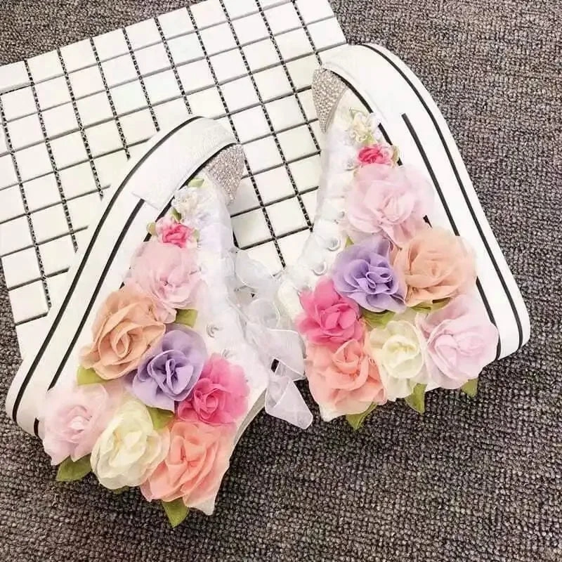 binfenxie  -  Women's Sports Shoes High-top Canvas Shoes Sweet Lace-up Shoes for Women White / Black Flowers Student Pretty Fairy Sneakers Best Sneak