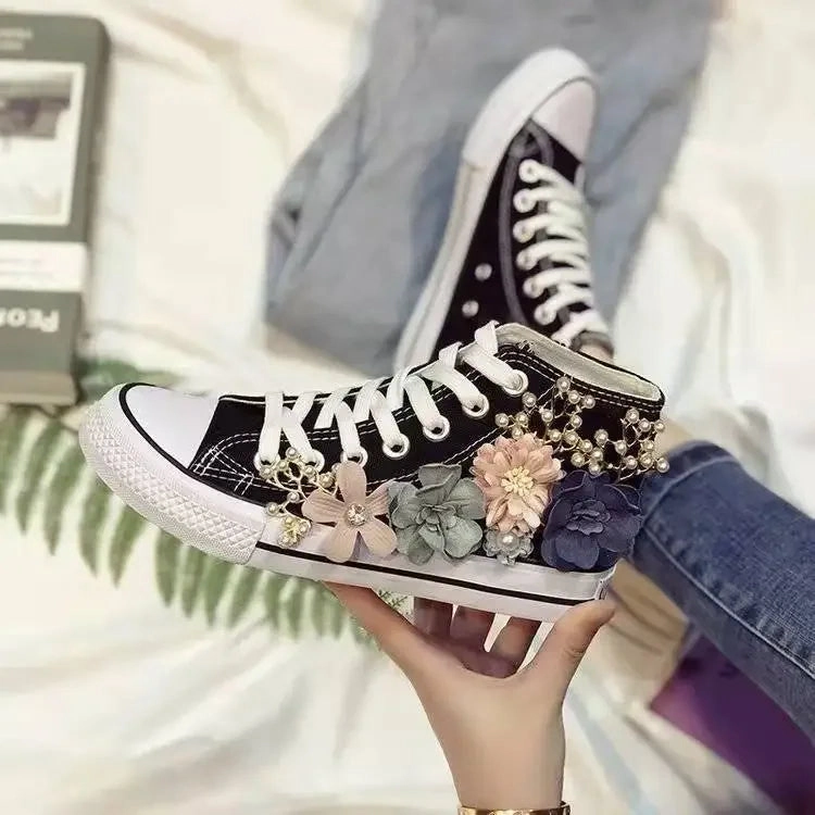 binfenxie  -  Women's Sports Shoes High-top Canvas Shoes Sweet Lace-up Shoes for Women White / Black Flowers Student Pretty Fairy Sneakers