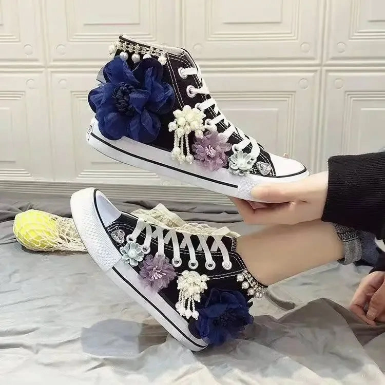 binfenxie  -  Women's Sports Shoes High-top Canvas Shoes Sweet Lace-up Shoes for Women White / Black Flowers Student Pretty Fairy Sneakers Sneakers All Birds