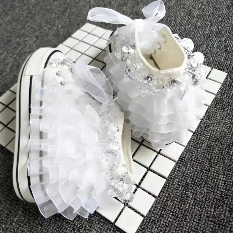 Rhinestone Sneakers binfenxie  -  Women's Sports Shoes High-top Canvas Shoes Sweet Lace-up Shoes for Women White / Black Flowers Student Pretty Fairy Sneakers